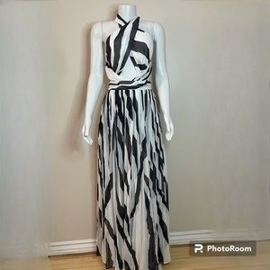 Black and white zebra print twist halter neck cutout maxi dress